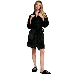 Victoria's Secret Womens Size M/L Signature Black Plush Pocket Robe Soft Short